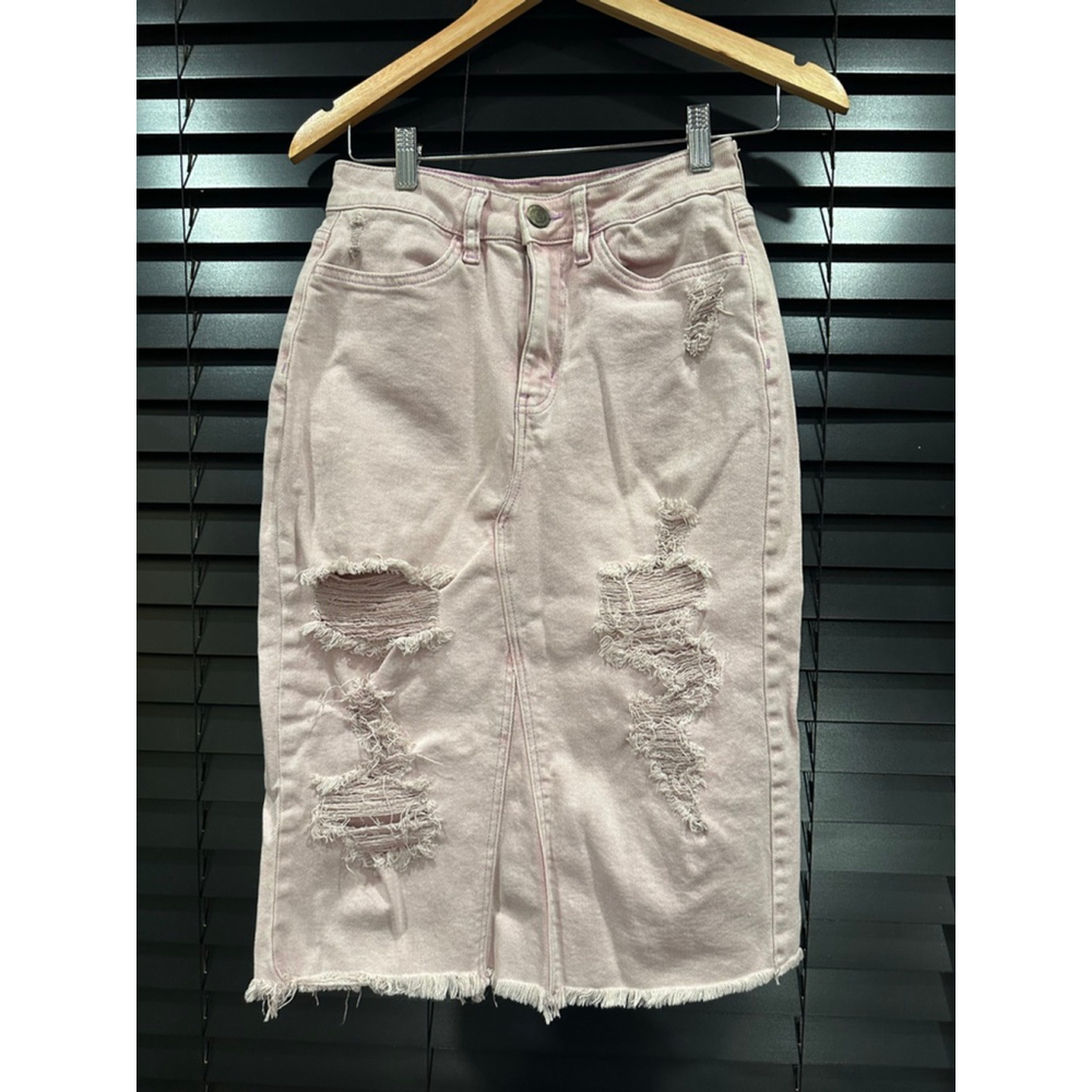 Women's SO Pink Denim Distressed Midi Skirt Size 5/27W